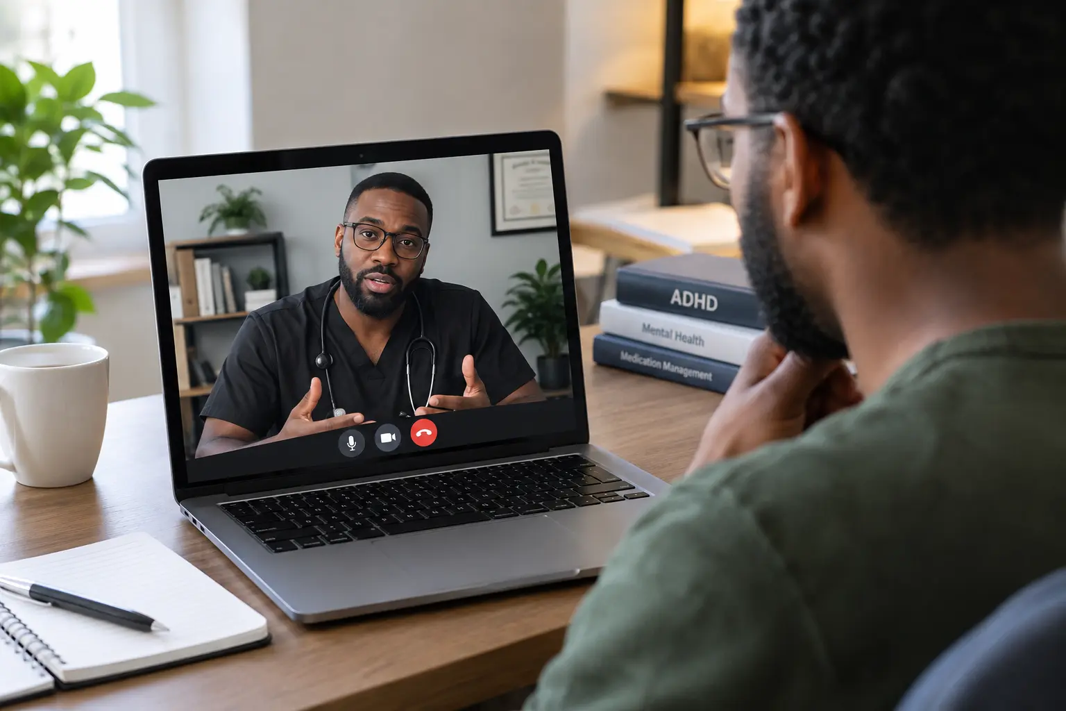 Adult discussing ADHD medication with a Black psychiatric provider during a telehealth visit 